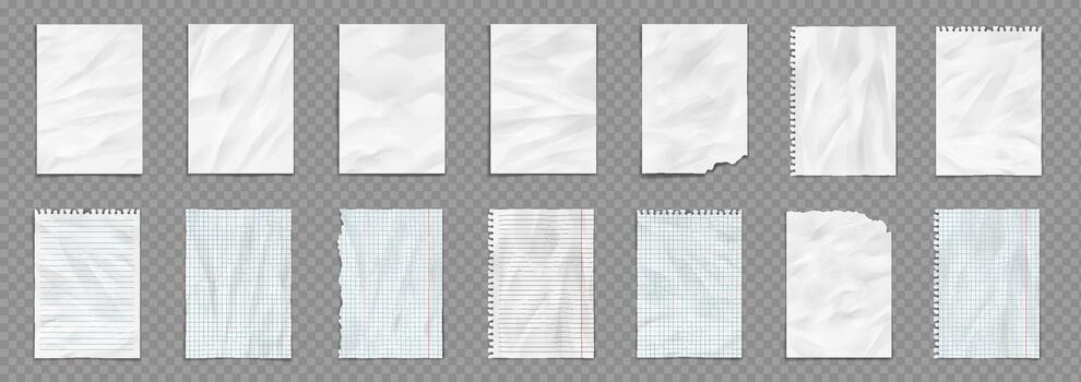 Realistic illustration of various paper textures. Includes wrinkled and torn styles. Set against background. Useful for design and scrapbooking. vector