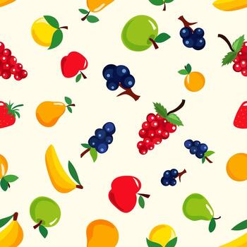 un animado diseño caracteristicas un formación de frutas y bayas incluso fresas, uvas, manzanas, y bananas en un suave ligero fondo. esta modelo exuda frescura y vitalidad vector