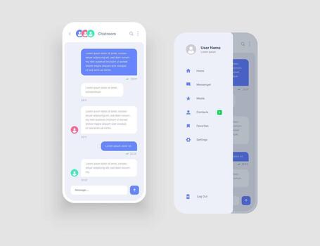 Mobile app interface design with chat, social media, online messenger kit. Design for web application or mobile app. vector