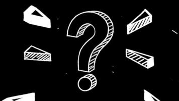 dynamisk animering av en kritritad fråga mark visas från ovan med ritad för hand 3d trianglar flygande ut. idealisk för explainer videoklipp, utbildning, förvirring. 4k med ett alfa kanal. video