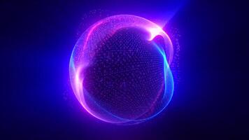 trogen lysande klot med ljus violett och rosa bågar formning en dynamisk digital strukturera över en mörk blå bakgrund video