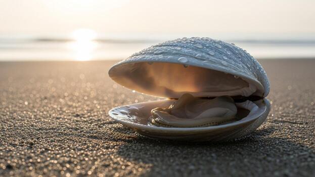 A shell on the beach with the sun setting in the background photo