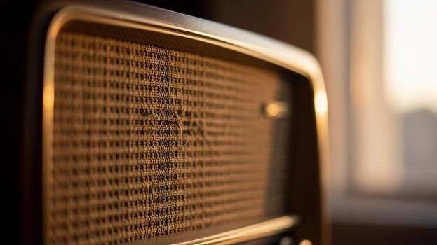 An old radio sitting in front of a window photo