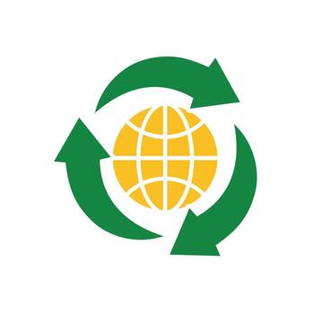 reciclar icono. sustentabilidad . Tres reciclaje flechas con el globo en el centro. red cero, verde energía, web icono. plano diseño estilo. vector