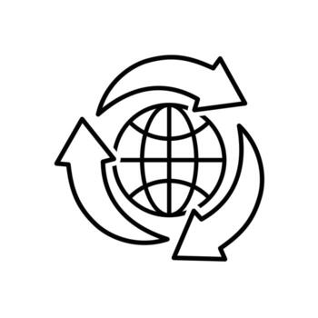Recycle icon. Sustainability . Three recycling arrows with the globe in the center. net zero, green energy, web icon. outline design style. vector