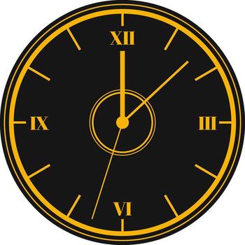 Clock face with roman numerals and golden hands showing twelve o'clock, isolated on white background, perfect for time management, deadline, or new year concepts vector