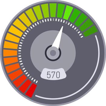 Credit score indicator featuring a vibrant color scale transitioning from red to green, displaying a strong rating with a pointer highlighting a value of 570 vector