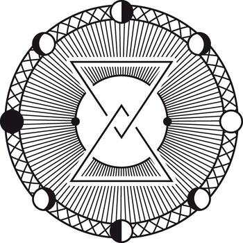 Intricate circular design showcasing moon phases, triangles, and geometric patterns, forming a mystical and esoteric symbol that embodies spiritual and celestial energy vector