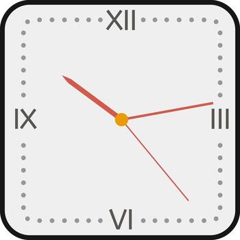 Minimalist square clock displaying half past three, featuring elegant Roman numerals, hour and minute hands, and a vibrant round yellow center against a clean white background vector