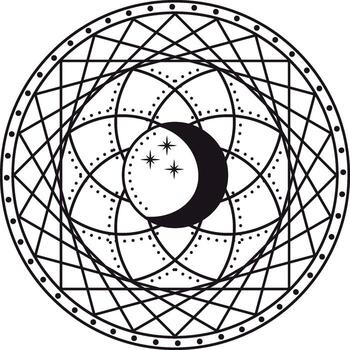 Mystical symbol with crescent moon and stars inside geometric mandala is representing esoteric knowledge and spirituality, creating a magical and mysterious atmosphere vector