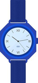Stylish blue wristwatch showing seven o'clock with roman numerals and date display, featuring a blue band with diagonal stripes, isolated on a white background vector
