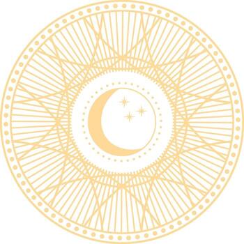 Golden crescent moon with three stars centered within an elaborate circular frame, forming a celestial emblem radiating mystical charm and elegance, suitable for diverse design applications vector