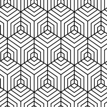 Seamless geometric pattern creating a mesmerizing optical illusion with black lines forming interconnected cubes on a white background, ideal for modern and minimalist designs vector