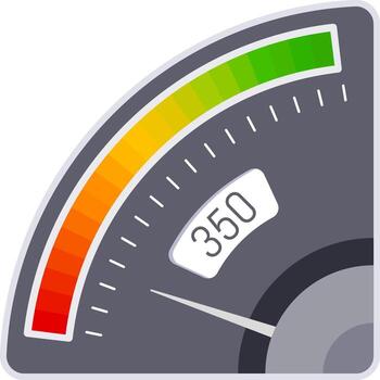 Speedometer indicating nearly maximum performance, featuring a green indicator that signifies strong efficiency, optimal levels, and excellent progress towards business goals and achievements vector