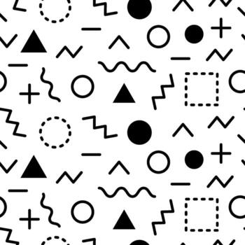 sin costura geométrico modelo presentando varios negro formas me gusta triangulos, círculos, cuadrícula, más señales, zigzags y ondulado líneas en blanco fondo, creando dinámica y visualmente atractivo diseño vector