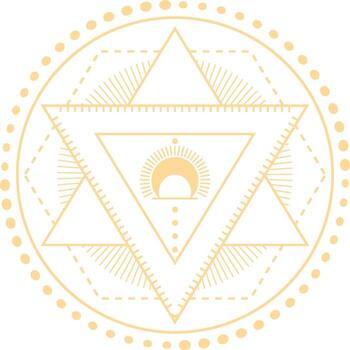 Geometric pattern with crescent moon and triangles forming a star radiating light, creating a mystical and esoteric symbol of spirituality and balance, suitable for spiritual and wellness practices vector