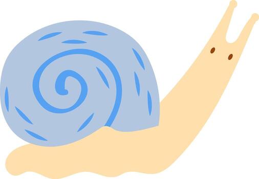 dibujos animados ilustración presentando un linda caracol gateando despacio, exhibiendo un grande azul cáscara adornado con un espiral patrón, conjunto en contra un limpiar blanco antecedentes vector