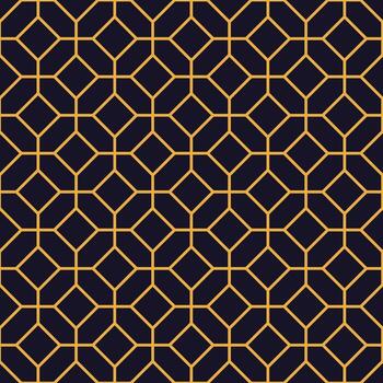Seamless geometric pattern forming a grid of octagons with gold lines on a dark blue background, ideal for backgrounds, textures, and decorative designs vector