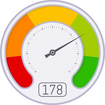 Speedometer with colored areas from red to green is measuring performance, with pointer indicating a specific value and a digital display showing the number 178 vector