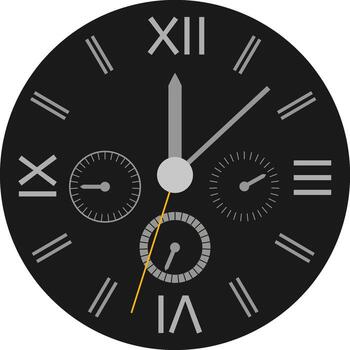Stylish modern clock face featuring elegant Roman numerals and three subdials, displaying five minutes past twelve against a sleek black background, embodying precision and luxury vector