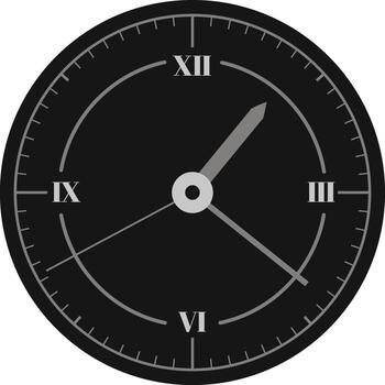 Classic black clock with roman numerals and gray hands is showing half past twelve on white background, concept of time, schedule and deadline vector