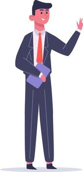 Smiling businessman dressed in a suit and tie, holding a folder while waving hand in a friendly gesture, isolated against a clean white background, exuding professionalism and confidence vector