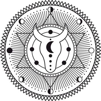 Intricate taurus bull head design combined with moon phases and sacred geometry, creating a captivating mandala with a mystical vibe, suitable for spiritual and esoteric concepts vector