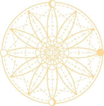 Intricate geometric patterns and crescent moons intertwining within a circular celestial mandala evoke a sense of harmony and mysticism, capturing the essence of spiritual design vector