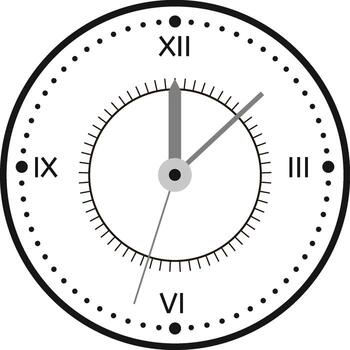 Clock face displaying hour, minute, and second hands positioned at five minutes past twelve on a clean white background, representing concepts of time, scheduling, and deadlines vector