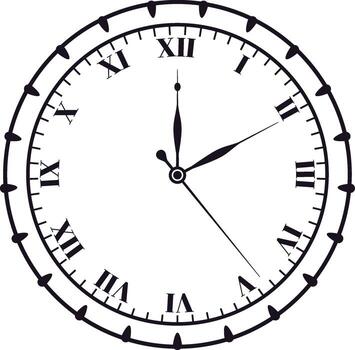 Classic analog clock face indicating five o'clock, featuring roman numerals and a decorative bezel on a clean white background, perfect for time related designs vector