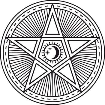 Pentagram star featuring a radiant moon and shimmering stars within a circle of dashed lines, creating an enchanting and mystical atmosphere filled with magical energy vector
