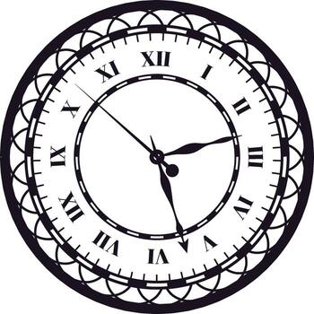 Classic round clock with roman numerals marking five o'clock, featuring an elegant ornate frame, creating a timeless and sophisticated design on a clean white background vector
