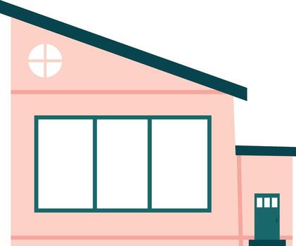 Pink minimalist house featuring a sloping roof, a circular window, large rectangular windows, and a green door, representing modern architectural design vector
