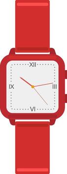 Modern red wristwatch featuring elegant Roman numerals displays the current time against a clean white background, creating a simple yet stylish flat illustration vector