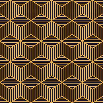 Golden lines on a dark background create a geometric seamless pattern forming optical illusion of cubes repeating infinitely, ideal for backgrounds, textures and decorative purposes vector
