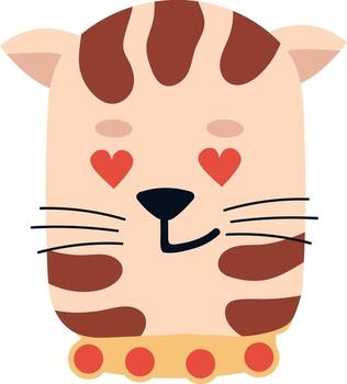Cute smiling cat face with heart shaped eyes wearing a golden collar with red gems, expressing love and affection in a playful and adorable way vector