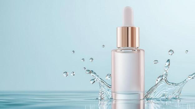 Transparent skincare bottle with dropper splashing, generating dynamic liquid movement against watery cosmetic for background product presentation photo