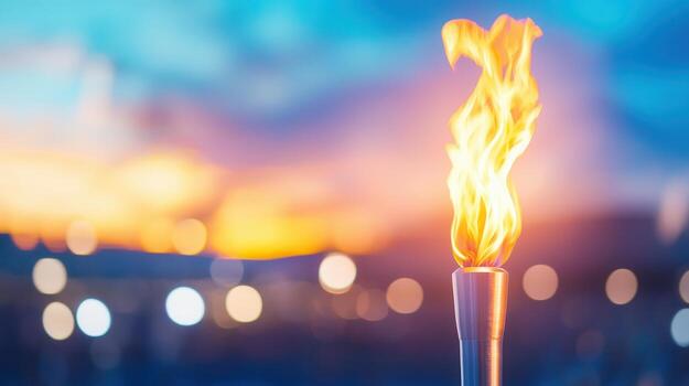 Burning torch with blurred city lights in background during a colorful sunset, creating a dramatic and scene evocative photo