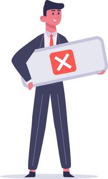 sonriente empresario participación un grande negativo símbolo, rechazando un propuesta con confianza y determinación en un lleno cuerpo ilustración en un blanco antecedentes vector