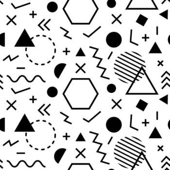 sin costura modelo exhibiendo dinámica composición de geométrico formas, incluso triangulos, círculos, hexágonos, y líneas, formando visualmente atractivo diseño vector