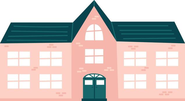 rosado colegio edificio con verde techo y puerta presentando múltiple ventanas y un ladrillo fachada, representando educación, infancia, y aprendizaje en un juguetón y atractivo camino vector