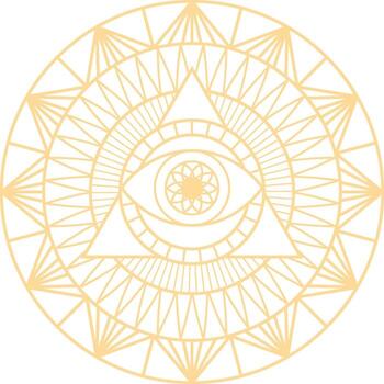 All seeing eye enclosed in a triangle symbolizes providence and omniscience, radiating protective energy within a circular arrangement of geometric patterns vector