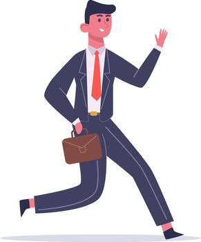 contento empresario corriendo con un maletín y ondulación mano, encarnando conceptos de negocio éxito, carrera avance, y profesional logro en un dinámica oficina ajuste vector