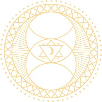 Intricate circular design combining geometric shapes, crescent moon, and subtle patterns, creating a visually appealing esoteric symbol with mystical and spiritual connotations vector