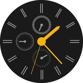 Stylish black clock face with yellow hands and roman numerals marking the hours, featuring three subdials for additional timekeeping functions, isolated on white vector