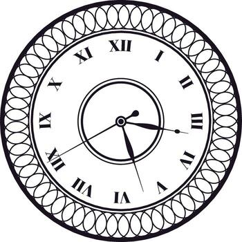 Classic round clock face design showcasing Roman numerals and an elegant decorative border, representing the essence of time, history, and precision in a vintage style vector