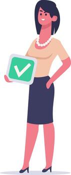 Businesswoman holding a green check mark confirming successful completion of work or task, concept of validation, approval, task completion, agreement, success and achievement vector