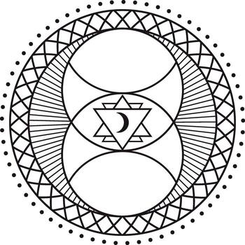 Esoteric symbol featuring a crescent moon within triangles, arranged in sacred geometry and encircled by an ornate frame with geometric and dotted decorations vector