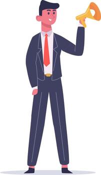 Businessman speaking using megaphone making announcement promoting business communication and advertising sharing important information with employees and customers vector
