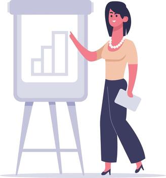 Businesswoman holding tablet and pointing growing bar graph on flip chart during a presentation, explaining positive results and business success vector